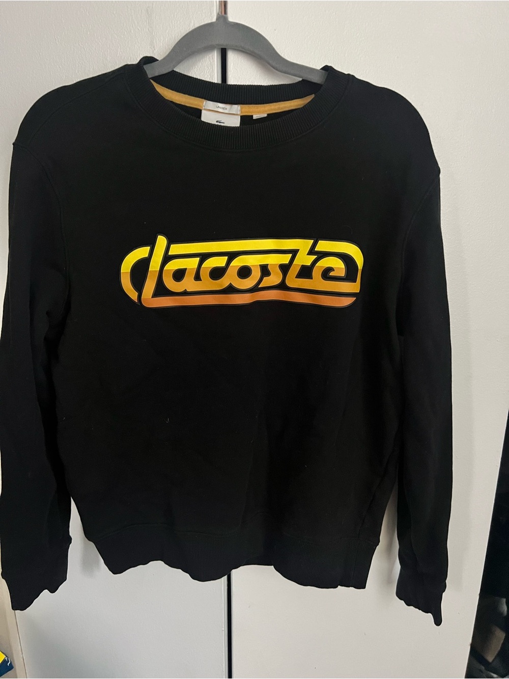 Lacoste Unisex  Black Crewneck Sweatshirt with Yellow Logo size S/M